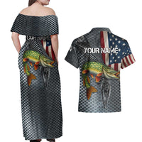 Pike Fishing Couples Matching Off Shoulder Maxi Dress and Hawaiian Shirt with American Flag and Realistic Fish Scale Texture Design - Wonder Print Shop