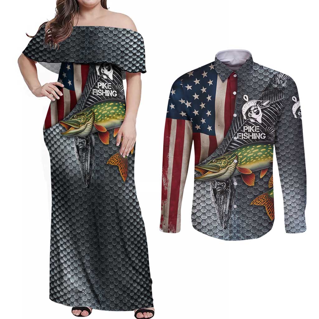 Pike Fishing Couples Matching Off Shoulder Maxi Dress and Long Sleeve Button Shirt with American Flag and Realistic Fish Scale Texture Design - Wonder Print Shop