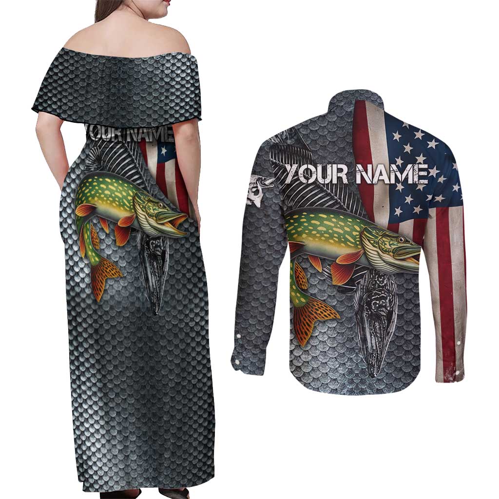 Pike Fishing Couples Matching Off Shoulder Maxi Dress and Long Sleeve Button Shirt with American Flag and Realistic Fish Scale Texture Design - Wonder Print Shop