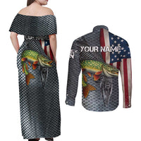 Pike Fishing Couples Matching Off Shoulder Maxi Dress and Long Sleeve Button Shirt with American Flag and Realistic Fish Scale Texture Design - Wonder Print Shop