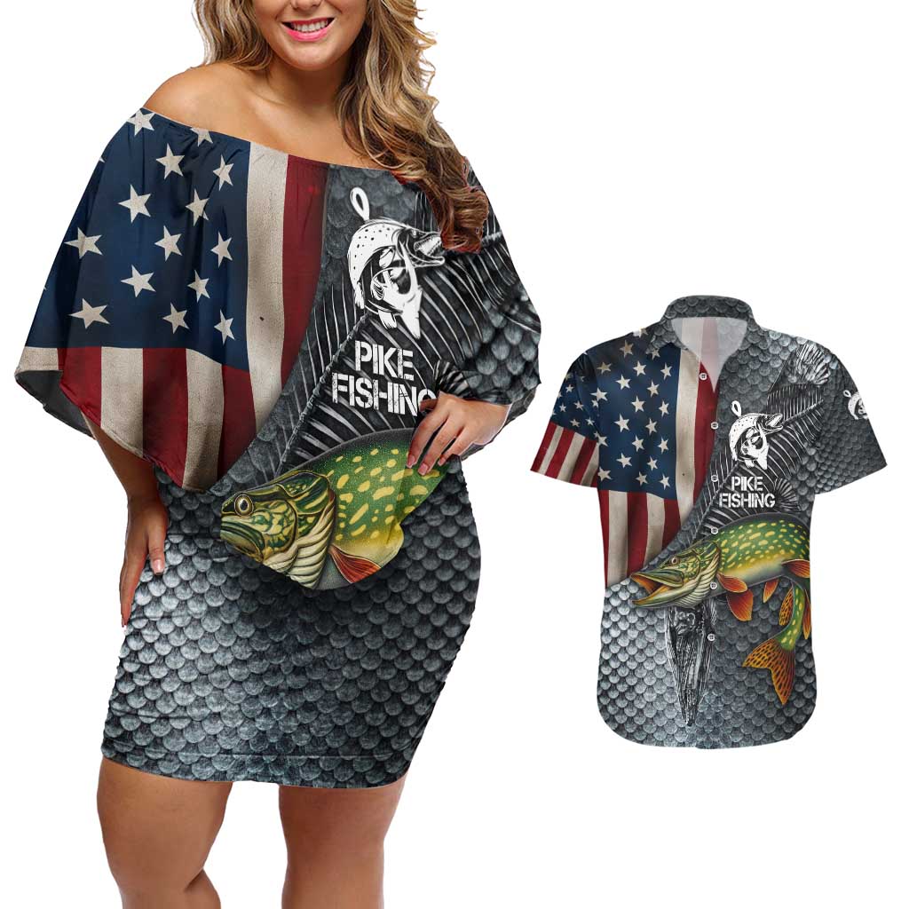 Pike Fishing Couples Matching Off Shoulder Short Dress and Hawaiian Shirt with American Flag and Realistic Fish Scale Texture Design - Wonder Print Shop