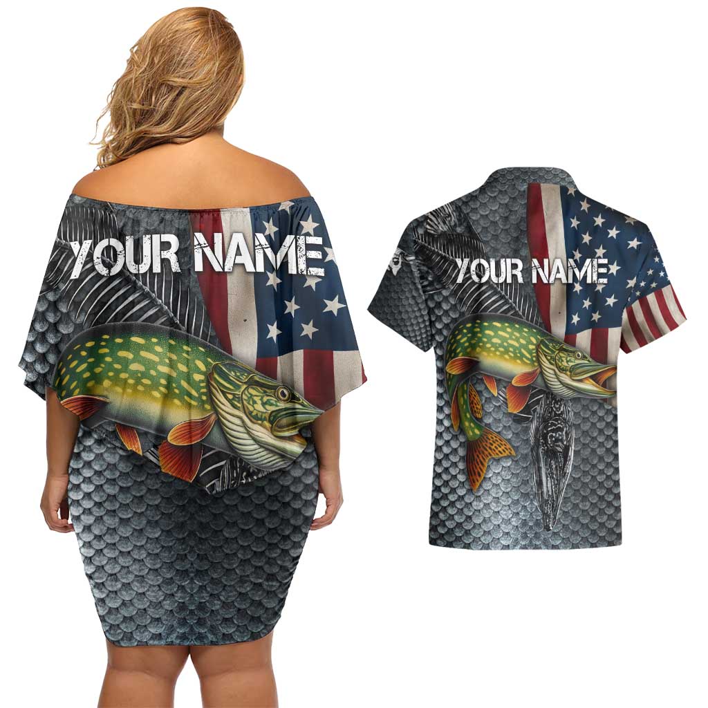 Pike Fishing Couples Matching Off Shoulder Short Dress and Hawaiian Shirt with American Flag and Realistic Fish Scale Texture Design - Wonder Print Shop