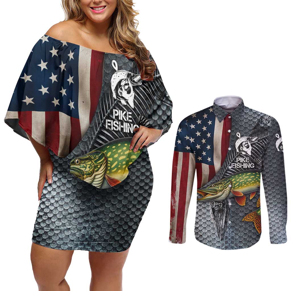 Pike Fishing Couples Matching Off Shoulder Short Dress and Long Sleeve Button Shirt with American Flag and Realistic Fish Scale Texture Design - Wonder Print Shop