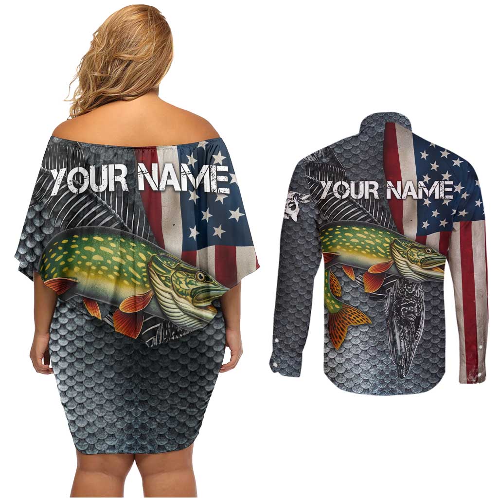 Pike Fishing Couples Matching Off Shoulder Short Dress and Long Sleeve Button Shirt with American Flag and Realistic Fish Scale Texture Design - Wonder Print Shop