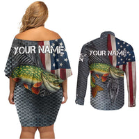 Pike Fishing Couples Matching Off Shoulder Short Dress and Long Sleeve Button Shirt with American Flag and Realistic Fish Scale Texture Design - Wonder Print Shop