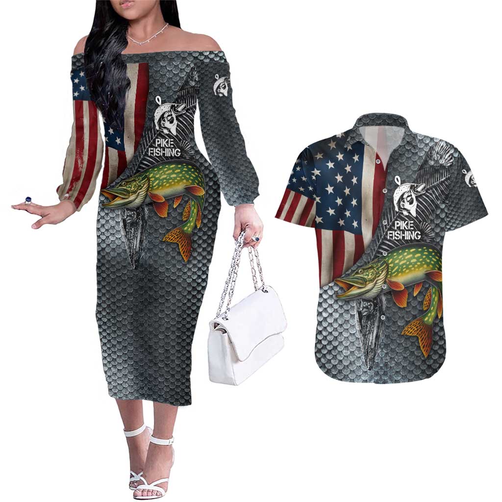 Pike Fishing Couples Matching Off The Shoulder Long Sleeve Dress and Hawaiian Shirt with American Flag and Realistic Fish Scale Texture Design - Wonder Print Shop