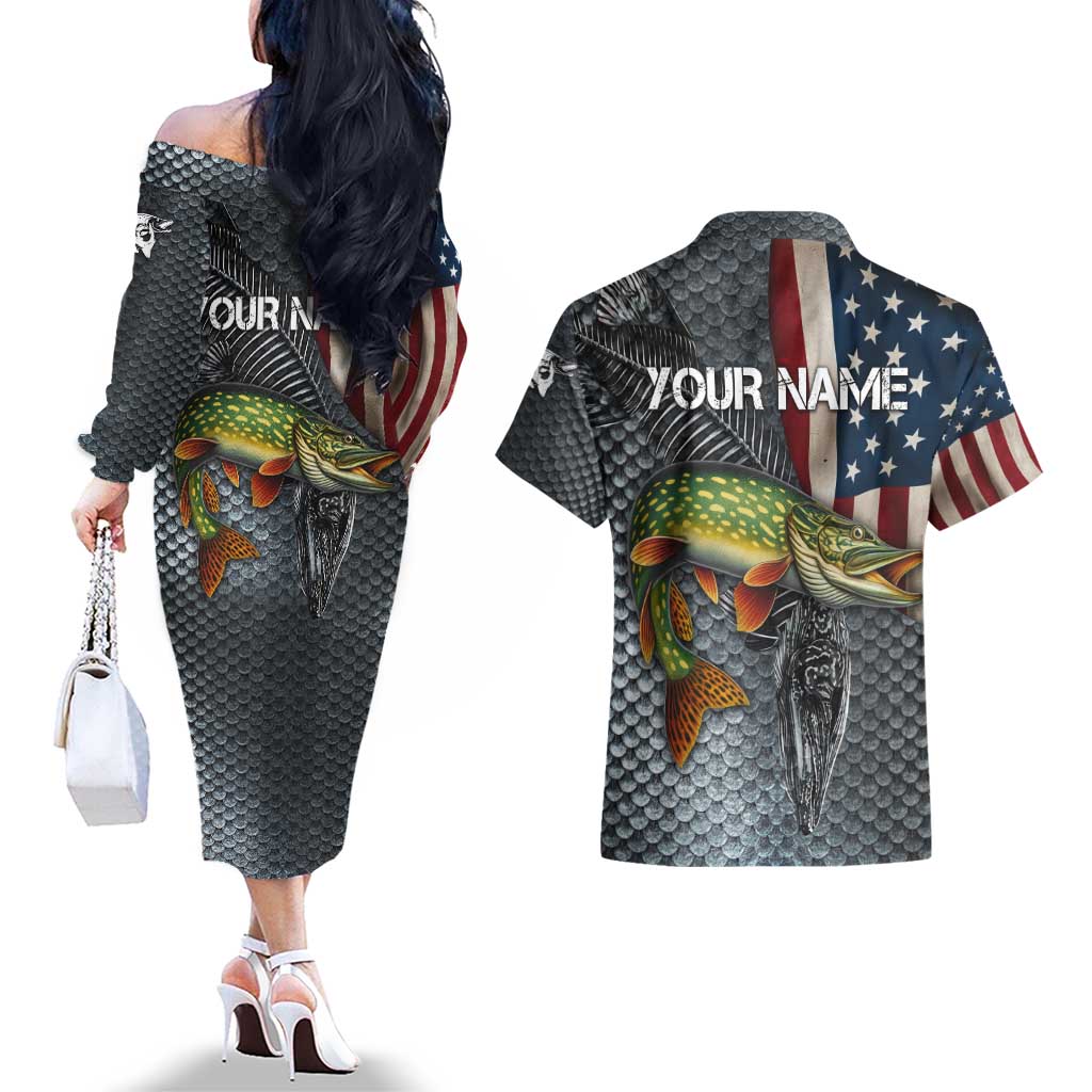 Pike Fishing Couples Matching Off The Shoulder Long Sleeve Dress and Hawaiian Shirt with American Flag and Realistic Fish Scale Texture Design - Wonder Print Shop
