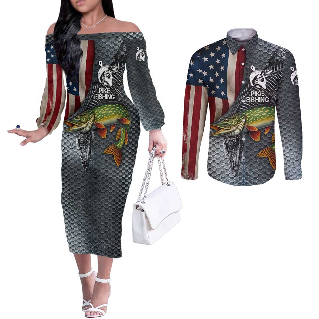 Pike Fishing Couples Matching Off The Shoulder Long Sleeve Dress and Long Sleeve Button Shirt with American Flag and Realistic Fish Scale Texture Design - Wonder Print Shop
