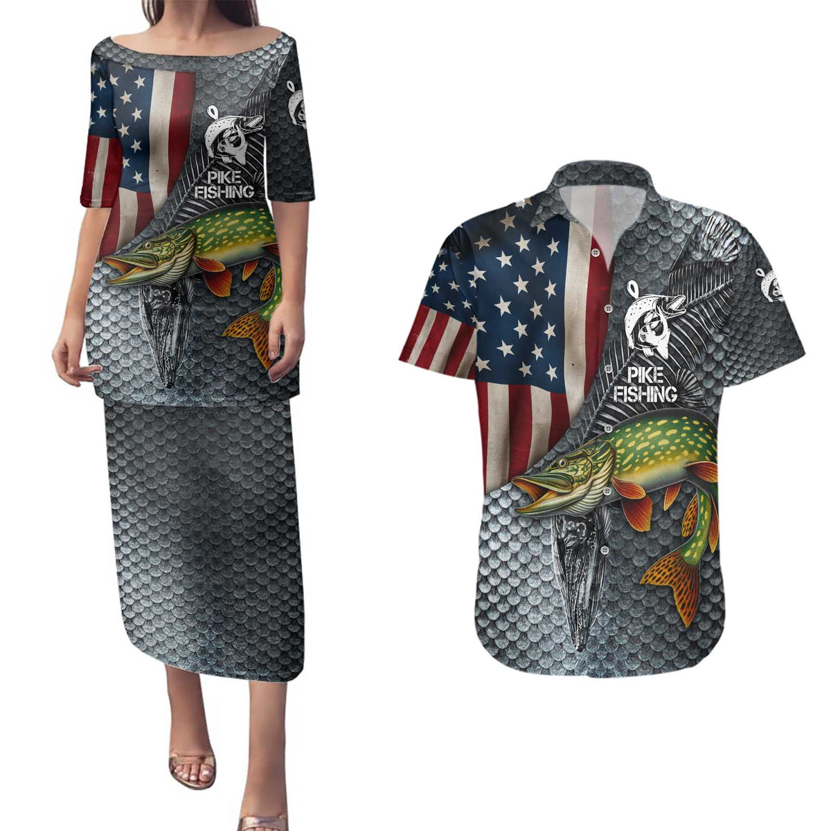 Pike Fishing Couples Matching Puletasi and Hawaiian Shirt with American Flag and Realistic Fish Scale Texture Design - Wonder Print Shop