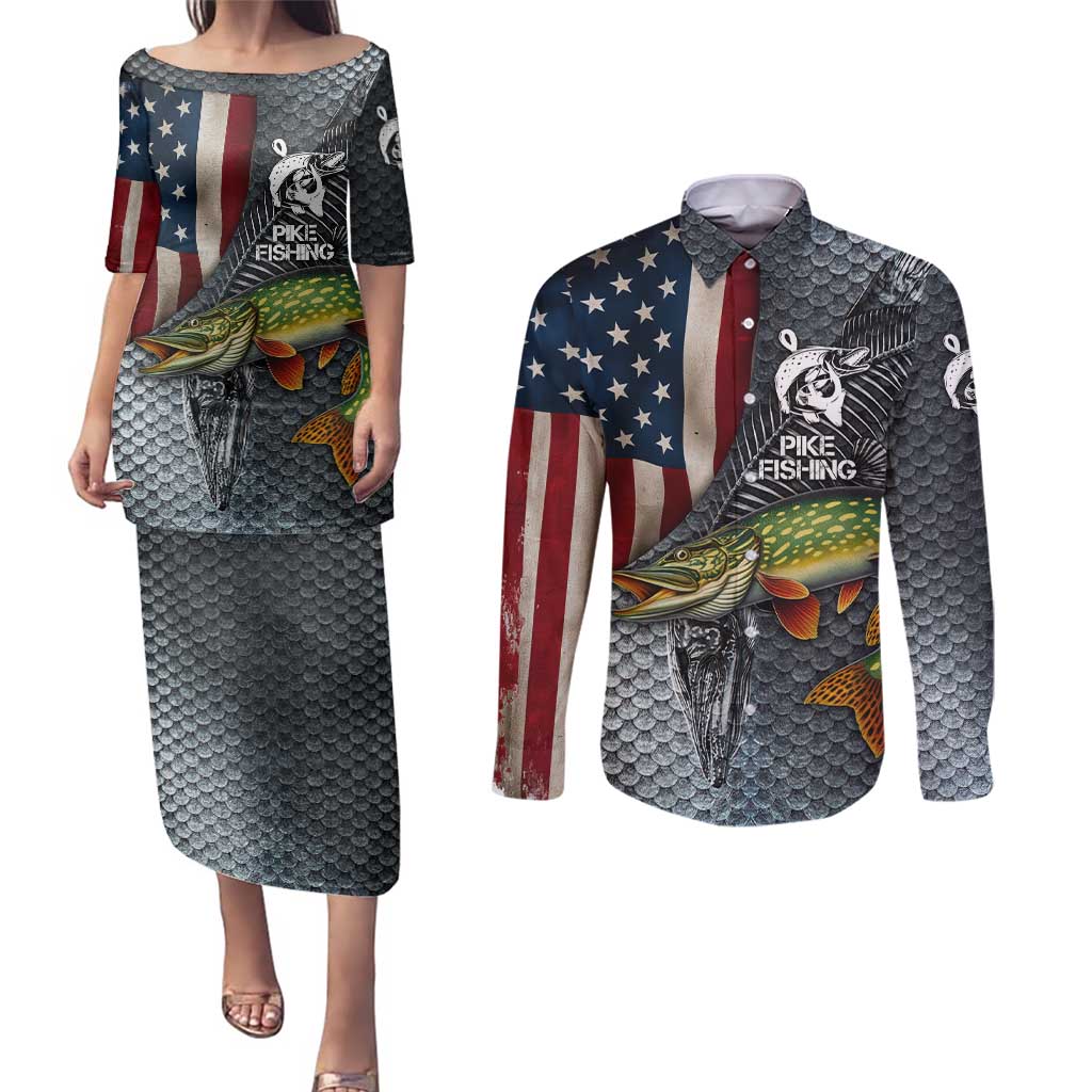Pike Fishing Couples Matching Puletasi and Long Sleeve Button Shirt with American Flag and Realistic Fish Scale Texture Design - Wonder Print Shop