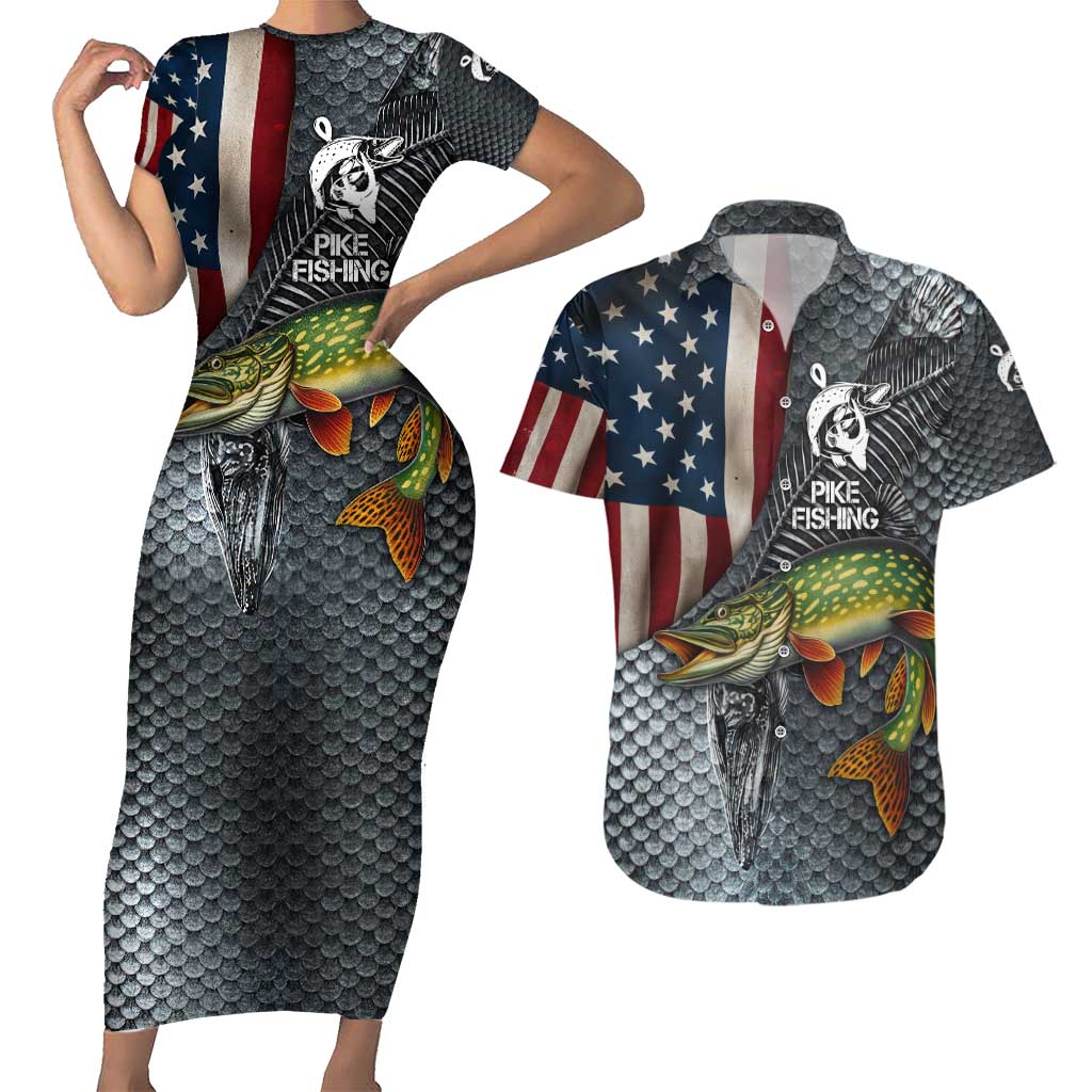 Pike Fishing Couples Matching Short Sleeve Bodycon Dress and Hawaiian Shirt with American Flag and Realistic Fish Scale Texture Design - Wonder Print Shop