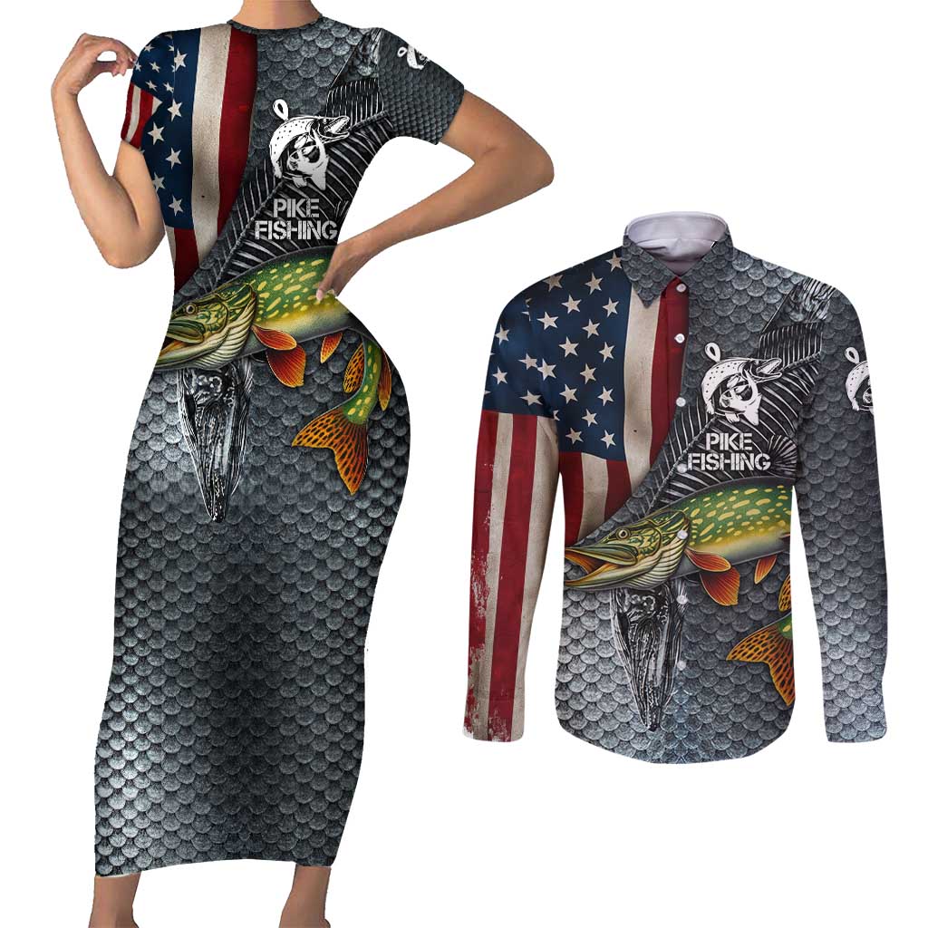 Pike Fishing Couples Matching Short Sleeve Bodycon Dress and Long Sleeve Button Shirt with American Flag and Realistic Fish Scale Texture Design - Wonder Print Shop