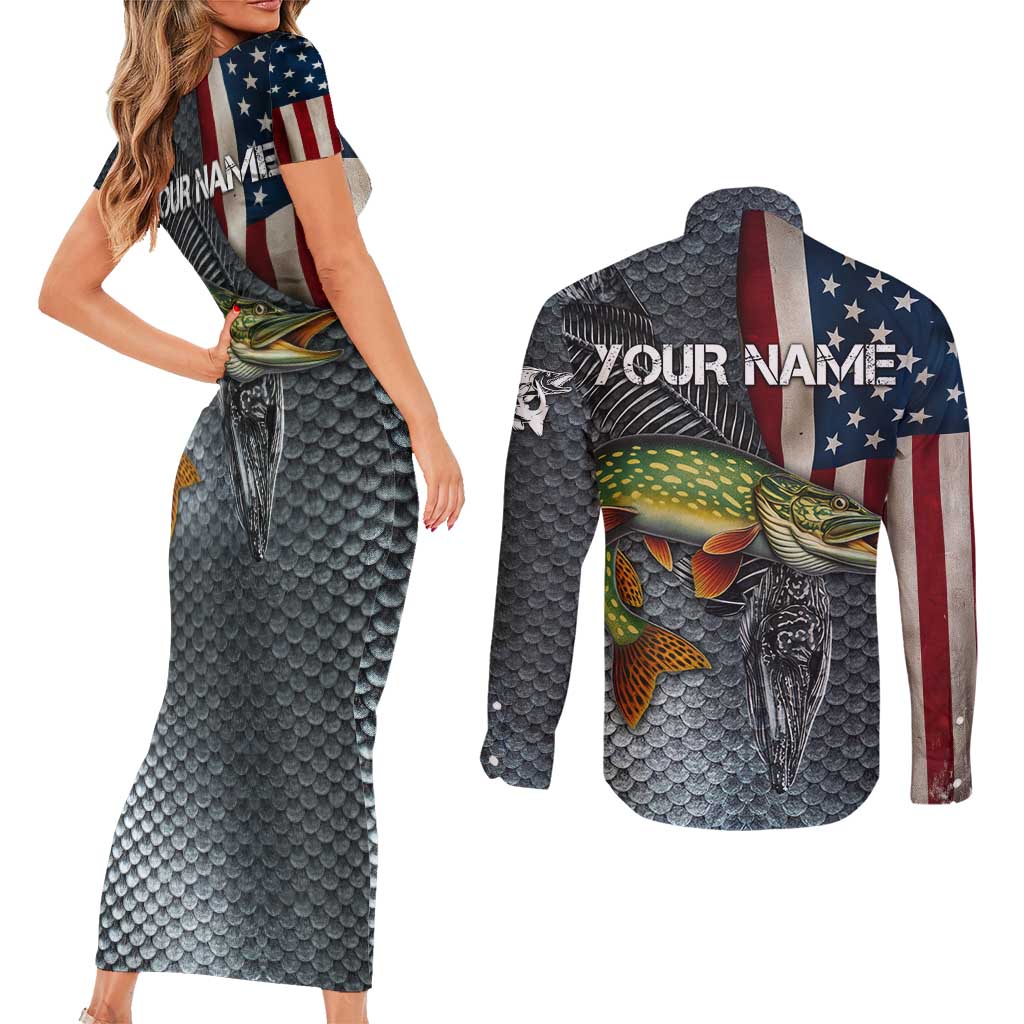 Pike Fishing Couples Matching Short Sleeve Bodycon Dress and Long Sleeve Button Shirt with American Flag and Realistic Fish Scale Texture Design - Wonder Print Shop