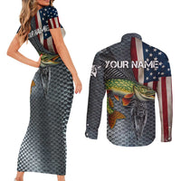 Pike Fishing Couples Matching Short Sleeve Bodycon Dress and Long Sleeve Button Shirt with American Flag and Realistic Fish Scale Texture Design - Wonder Print Shop