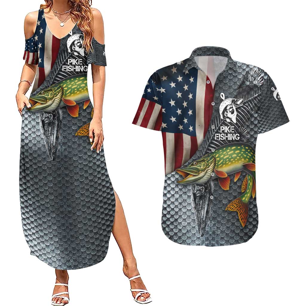 Pike Fishing Couples Matching Summer Maxi Dress and Hawaiian Shirt with American Flag and Realistic Fish Scale Texture Design - Wonder Print Shop