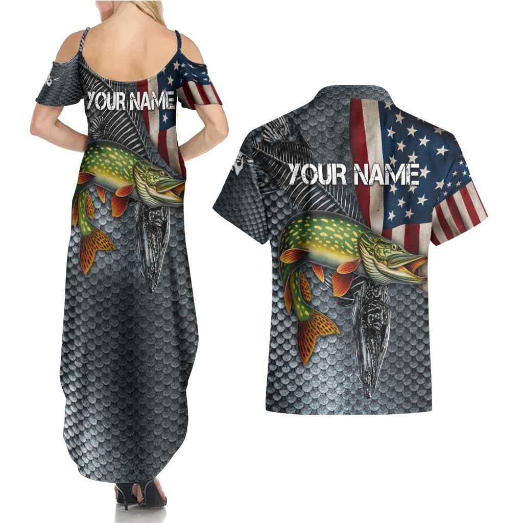Pike Fishing Couples Matching Summer Maxi Dress and Hawaiian Shirt with American Flag and Realistic Fish Scale Texture Design - Wonder Print Shop