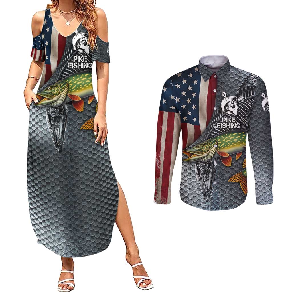 Pike Fishing Couples Matching Summer Maxi Dress and Long Sleeve Button Shirt with American Flag and Realistic Fish Scale Texture Design - Wonder Print Shop
