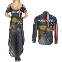 Pike Fishing Couples Matching Summer Maxi Dress and Long Sleeve Button Shirt with American Flag and Realistic Fish Scale Texture Design - Wonder Print Shop