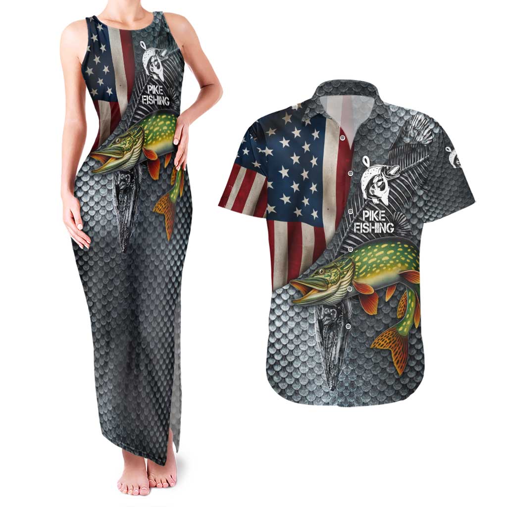Pike Fishing Couples Matching Tank Maxi Dress and Hawaiian Shirt with American Flag and Realistic Fish Scale Texture Design - Wonder Print Shop