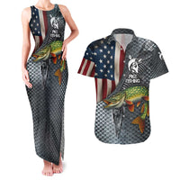 Pike Fishing Couples Matching Tank Maxi Dress and Hawaiian Shirt with American Flag and Realistic Fish Scale Texture Design - Wonder Print Shop