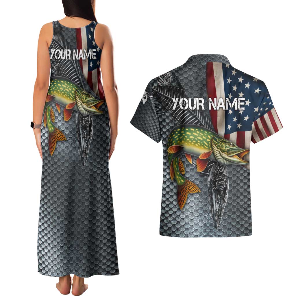 Pike Fishing Couples Matching Tank Maxi Dress and Hawaiian Shirt with American Flag and Realistic Fish Scale Texture Design - Wonder Print Shop
