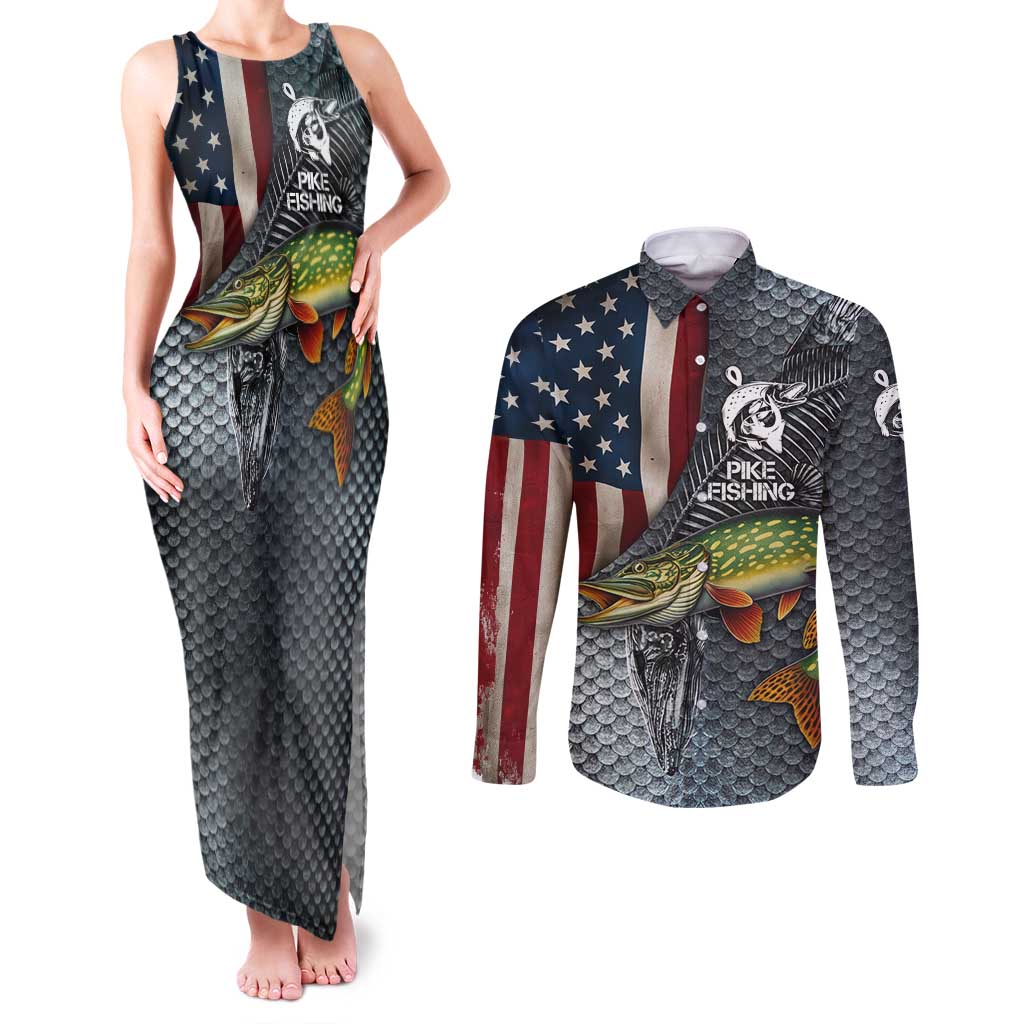 Pike Fishing Couples Matching Tank Maxi Dress and Long Sleeve Button Shirt with American Flag and Realistic Fish Scale Texture Design - Wonder Print Shop