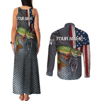 Pike Fishing Couples Matching Tank Maxi Dress and Long Sleeve Button Shirt with American Flag and Realistic Fish Scale Texture Design - Wonder Print Shop