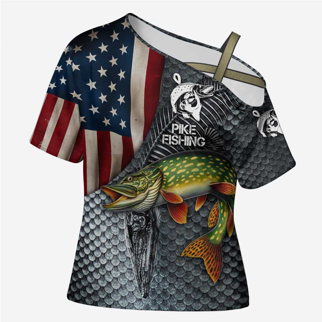 Pike Fishing Cross Shoulder Shirt with American Flag and Realistic Fish Scale Texture Design - Wonder Print Shop