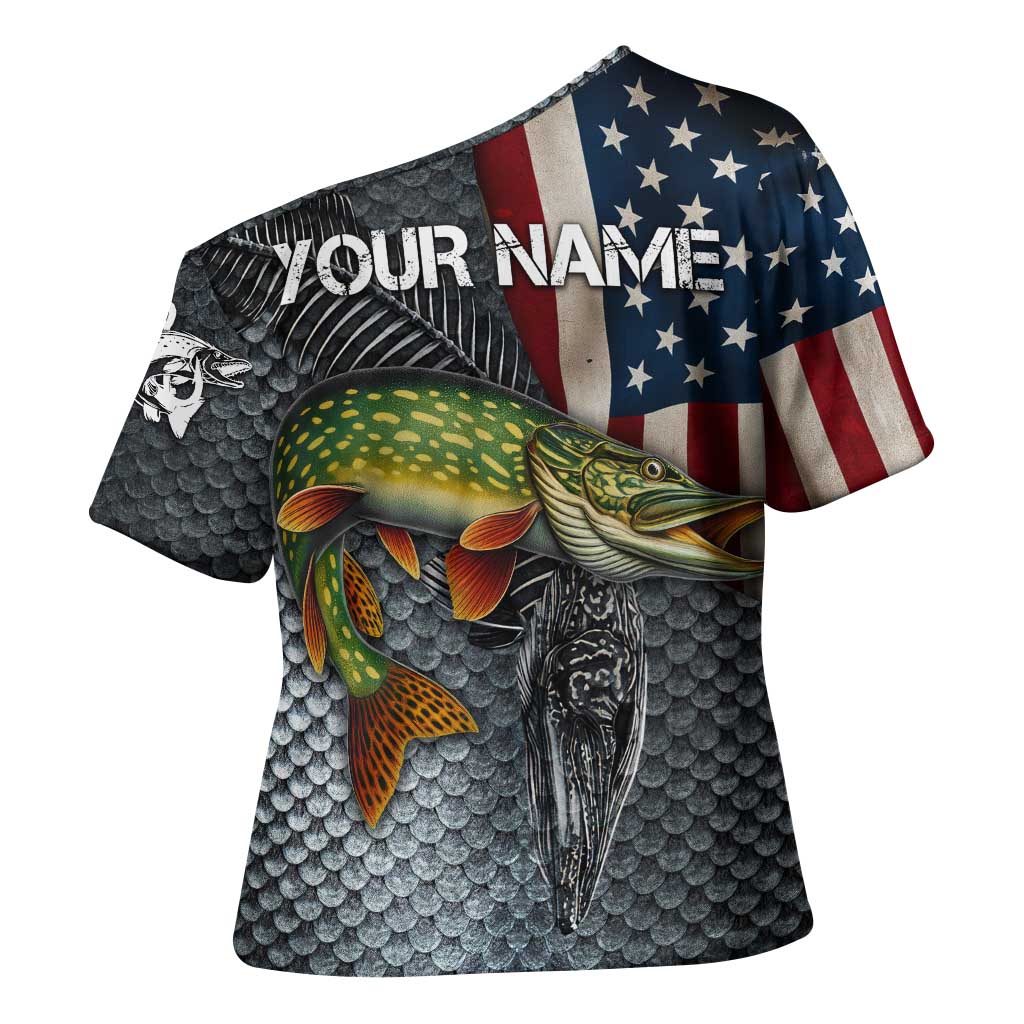 Pike Fishing Cross Shoulder Shirt with American Flag and Realistic Fish Scale Texture Design - Wonder Print Shop