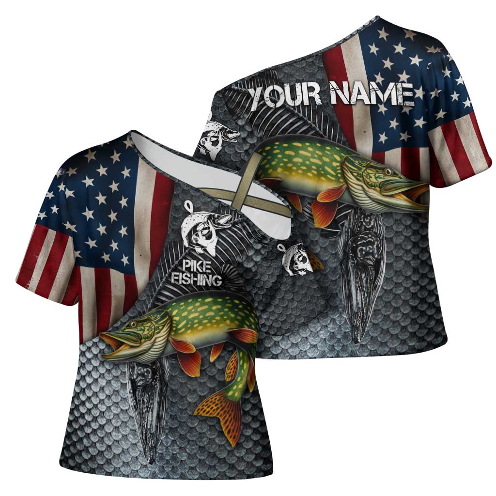 Pike Fishing Cross Shoulder Shirt with American Flag and Realistic Fish Scale Texture Design - Wonder Print Shop