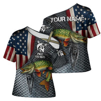 Pike Fishing Cross Shoulder Shirt with American Flag and Realistic Fish Scale Texture Design - Wonder Print Shop
