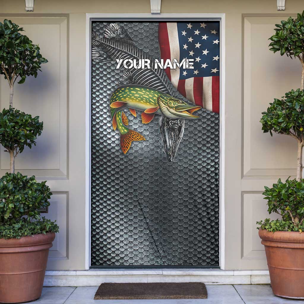 Pike Fishing Door Cover with American Flag and Realistic Fish Scale Texture Design - Wonder Print Shop