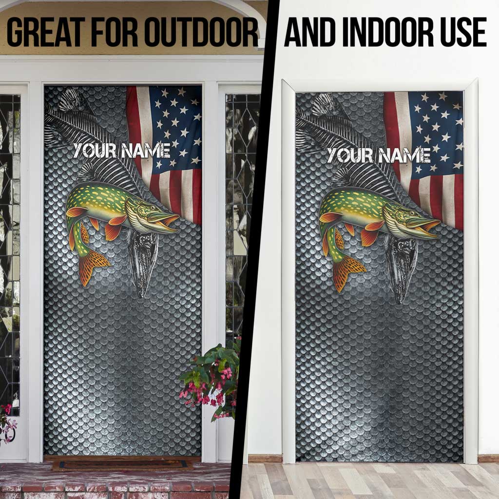 Pike Fishing Door Cover with American Flag and Realistic Fish Scale Texture Design - Wonder Print Shop