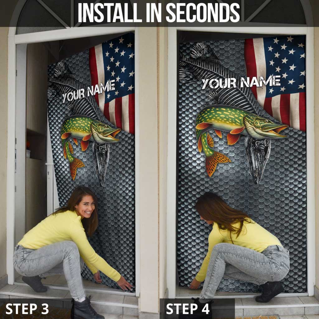 Pike Fishing Door Cover with American Flag and Realistic Fish Scale Texture Design - Wonder Print Shop