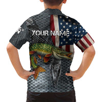 Pike Fishing Family Matching Long Sleeve Bodycon Dress and Hawaiian Shirt with American Flag and Realistic Fish Scale Texture Design - Wonder Print Shop