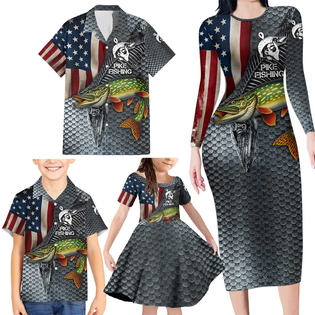 Pike Fishing Family Matching Long Sleeve Bodycon Dress and Hawaiian Shirt with American Flag and Realistic Fish Scale Texture Design - Wonder Print Shop