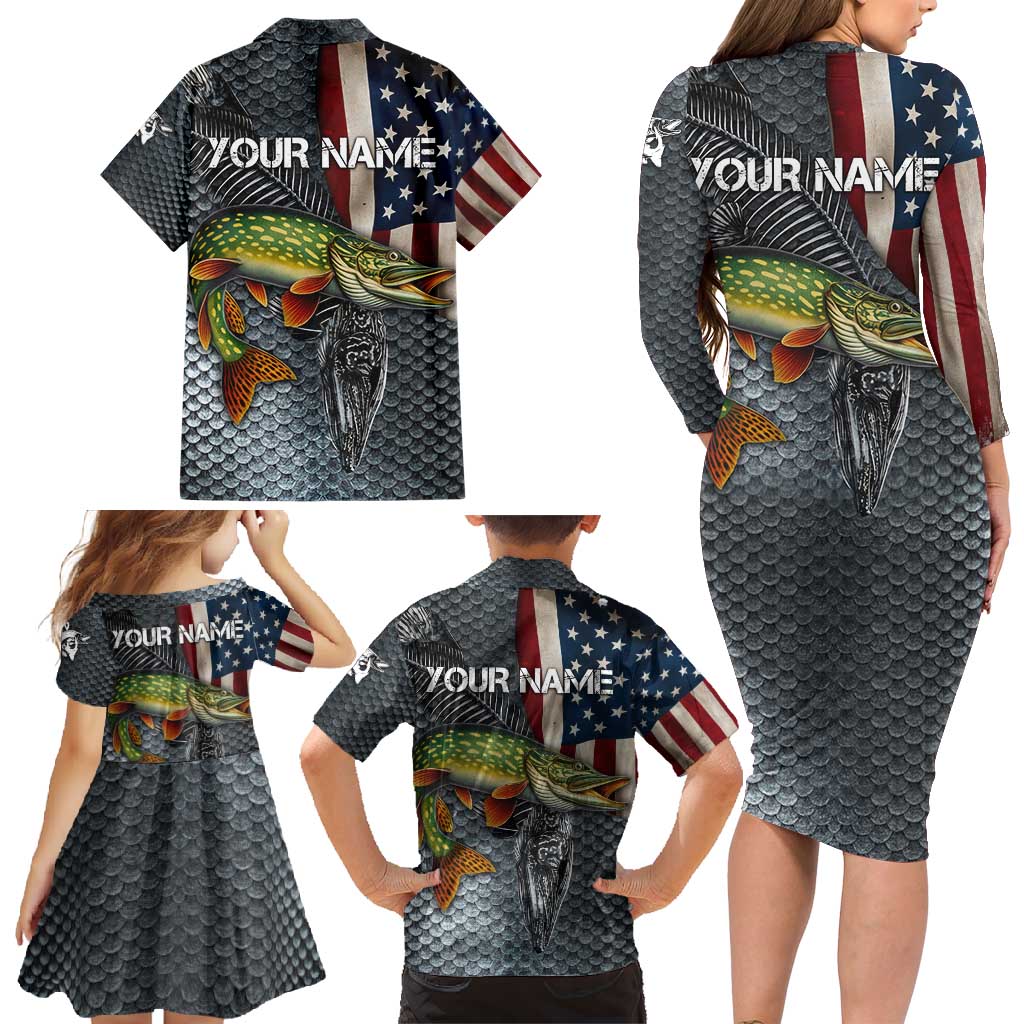 Pike Fishing Family Matching Long Sleeve Bodycon Dress and Hawaiian Shirt with American Flag and Realistic Fish Scale Texture Design - Wonder Print Shop