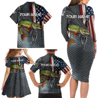 Pike Fishing Family Matching Long Sleeve Bodycon Dress and Hawaiian Shirt with American Flag and Realistic Fish Scale Texture Design - Wonder Print Shop