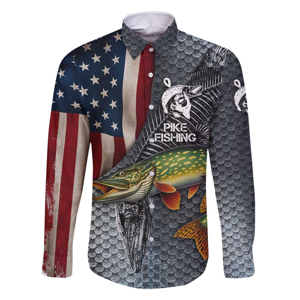Pike Fishing Family Matching Long Sleeve Bodycon Dress and Hawaiian Shirt with American Flag and Realistic Fish Scale Texture Design - Wonder Print Shop