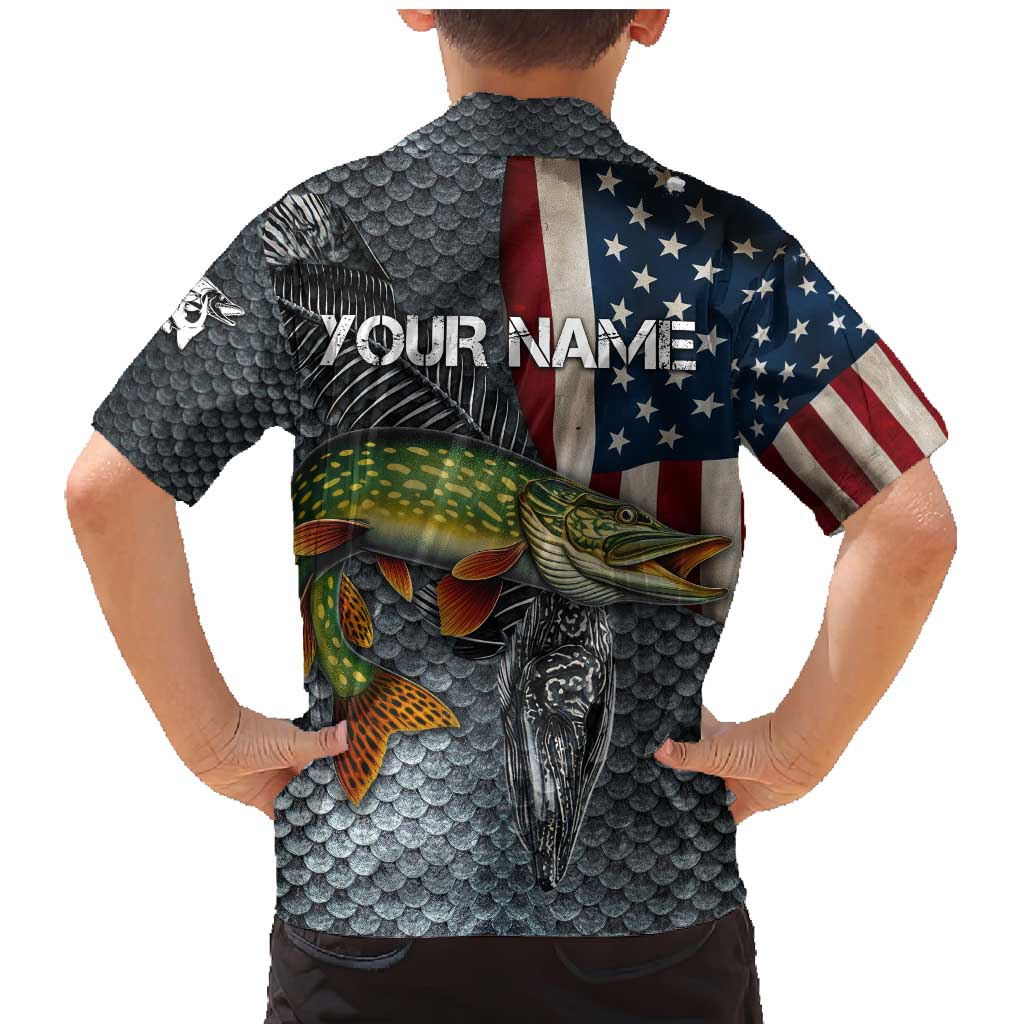 Pike Fishing Family Matching Mermaid Dress and Hawaiian Shirt with American Flag and Realistic Fish Scale Texture Design - Wonder Print Shop