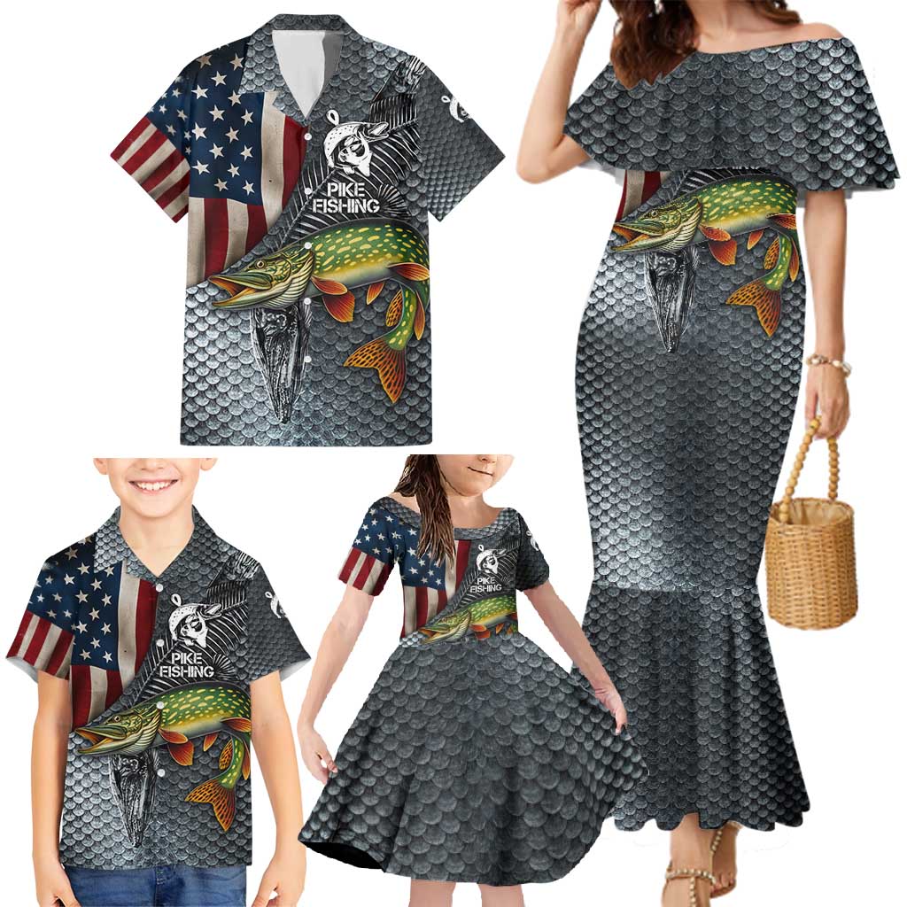 Pike Fishing Family Matching Mermaid Dress and Hawaiian Shirt with American Flag and Realistic Fish Scale Texture Design - Wonder Print Shop
