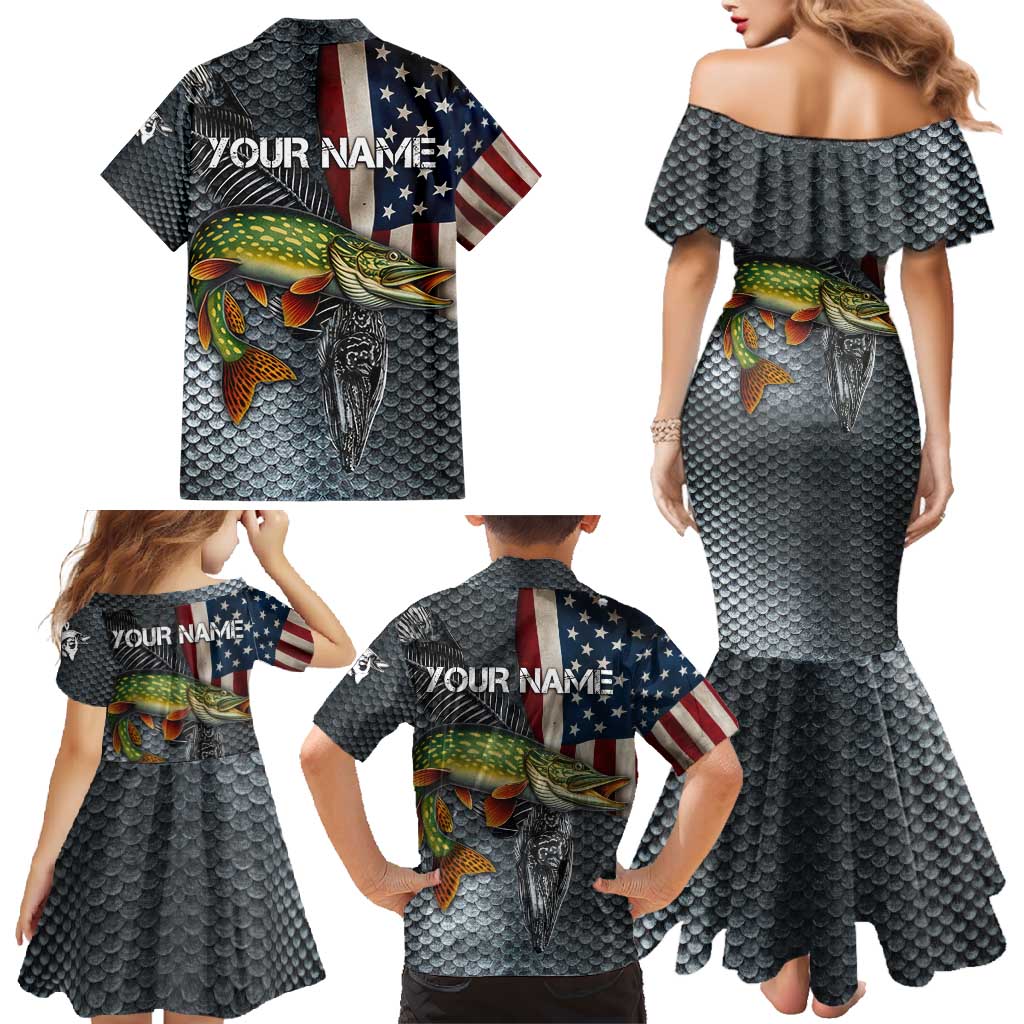 Pike Fishing Family Matching Mermaid Dress and Hawaiian Shirt with American Flag and Realistic Fish Scale Texture Design - Wonder Print Shop