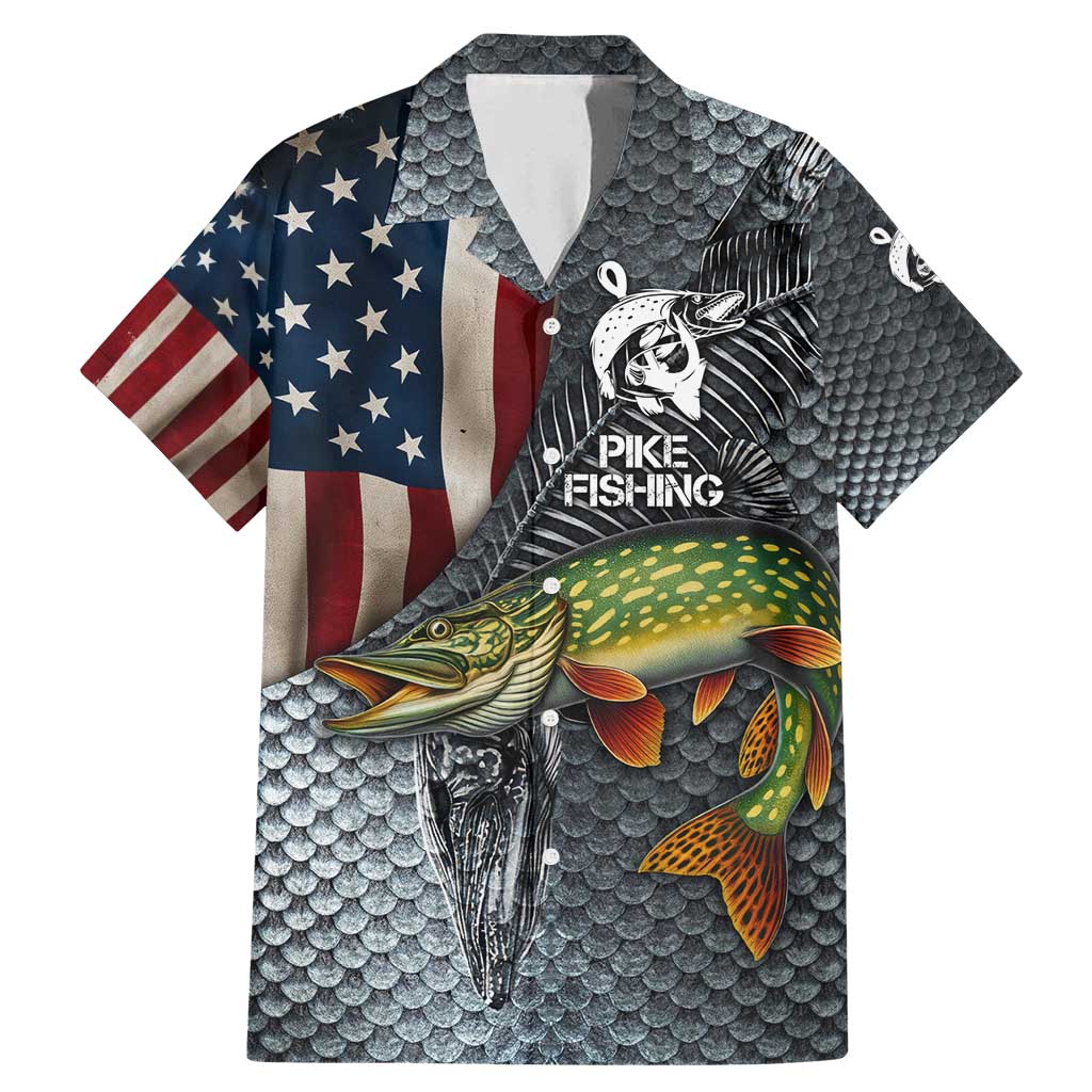 Pike Fishing Family Matching Mermaid Dress and Hawaiian Shirt with American Flag and Realistic Fish Scale Texture Design - Wonder Print Shop