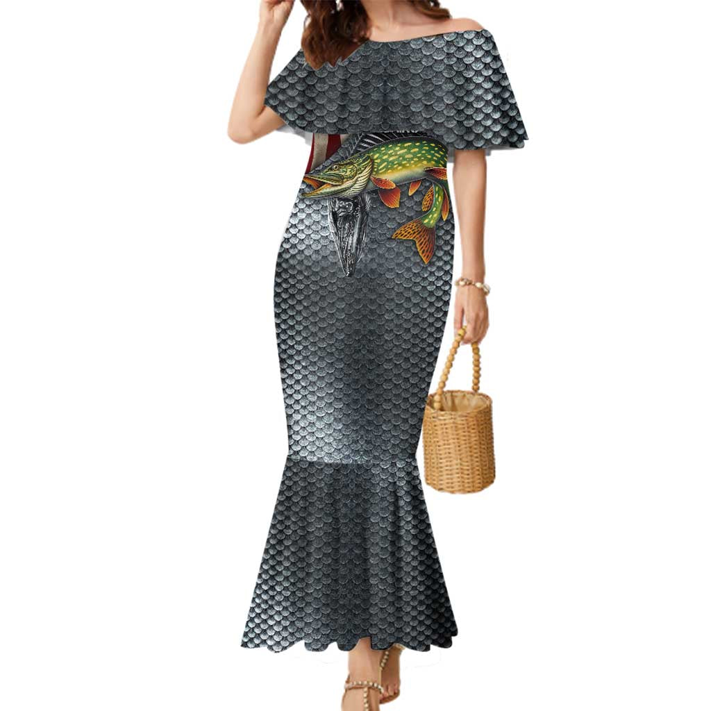 Pike Fishing Family Matching Mermaid Dress and Hawaiian Shirt with American Flag and Realistic Fish Scale Texture Design - Wonder Print Shop
