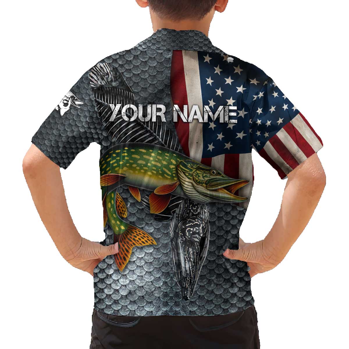 Pike Fishing Family Matching Off The Shoulder Long Sleeve Dress and Hawaiian Shirt with American Flag and Realistic Fish Scale Texture Design - Wonder Print Shop