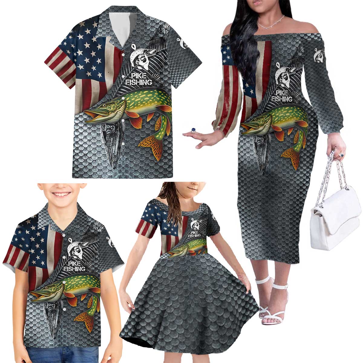 Pike Fishing Family Matching Off The Shoulder Long Sleeve Dress and Hawaiian Shirt with American Flag and Realistic Fish Scale Texture Design - Wonder Print Shop