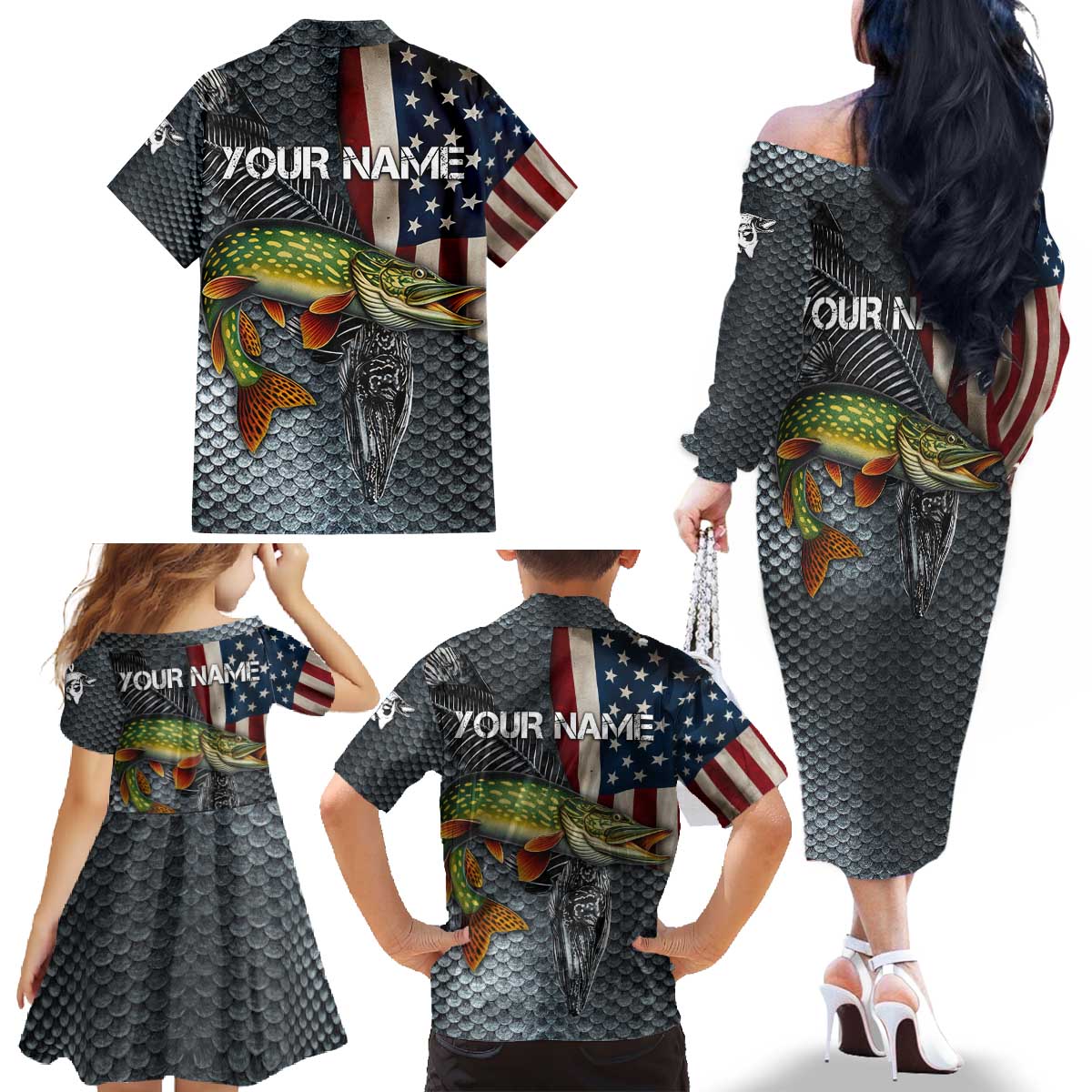 Pike Fishing Family Matching Off The Shoulder Long Sleeve Dress and Hawaiian Shirt with American Flag and Realistic Fish Scale Texture Design - Wonder Print Shop
