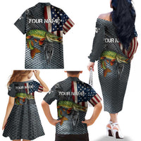 Pike Fishing Family Matching Off The Shoulder Long Sleeve Dress and Hawaiian Shirt with American Flag and Realistic Fish Scale Texture Design - Wonder Print Shop