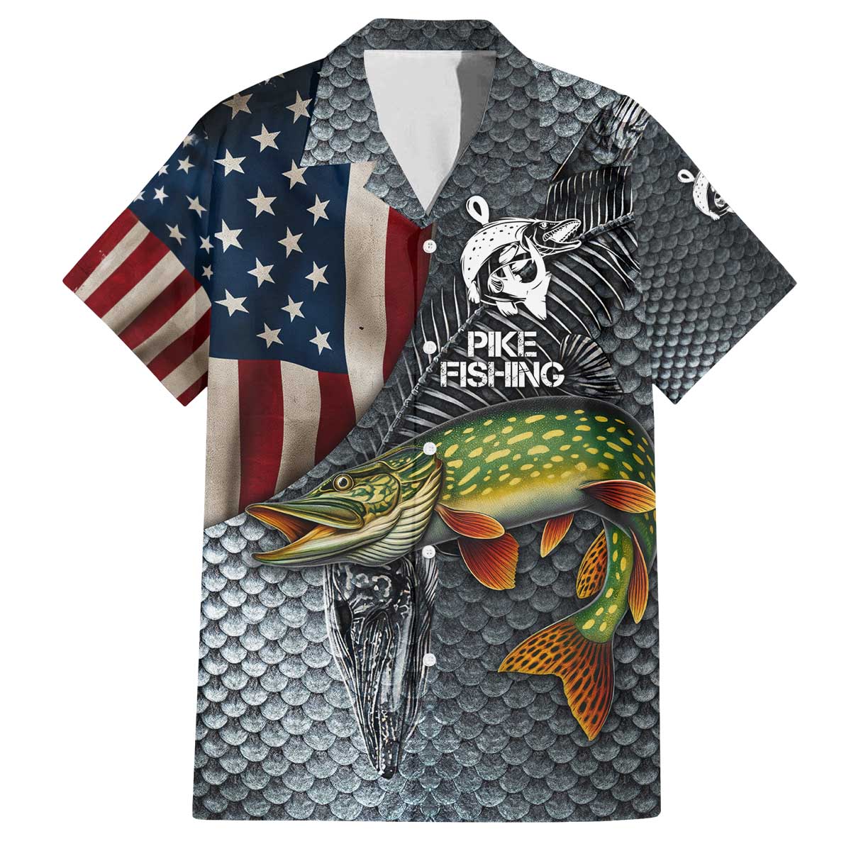 Pike Fishing Family Matching Off The Shoulder Long Sleeve Dress and Hawaiian Shirt with American Flag and Realistic Fish Scale Texture Design - Wonder Print Shop