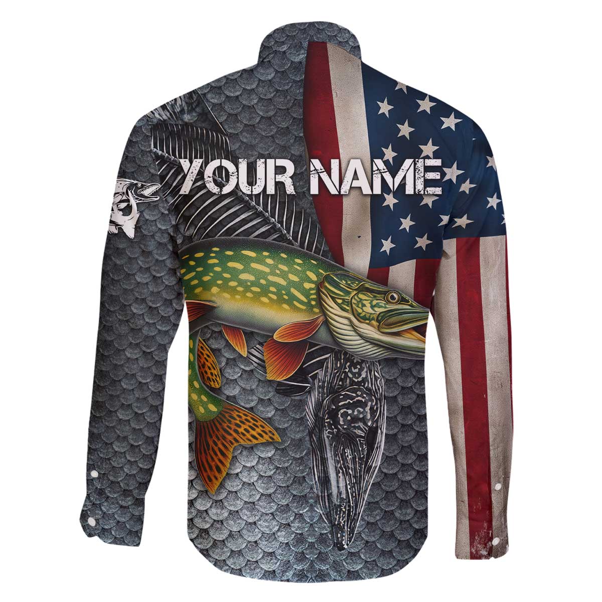 Pike Fishing Family Matching Off The Shoulder Long Sleeve Dress and Hawaiian Shirt with American Flag and Realistic Fish Scale Texture Design - Wonder Print Shop
